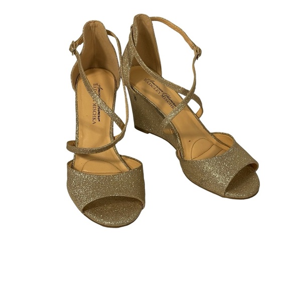 American Glamour Badgley Mischka Gold Glitter Dressy Strappy Wedge Sandals Sz 7 - Picture 1 of 14